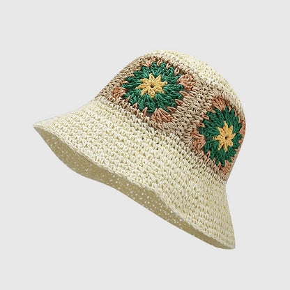 Handmade Crochet Flower Paper Straw Bucket Hat