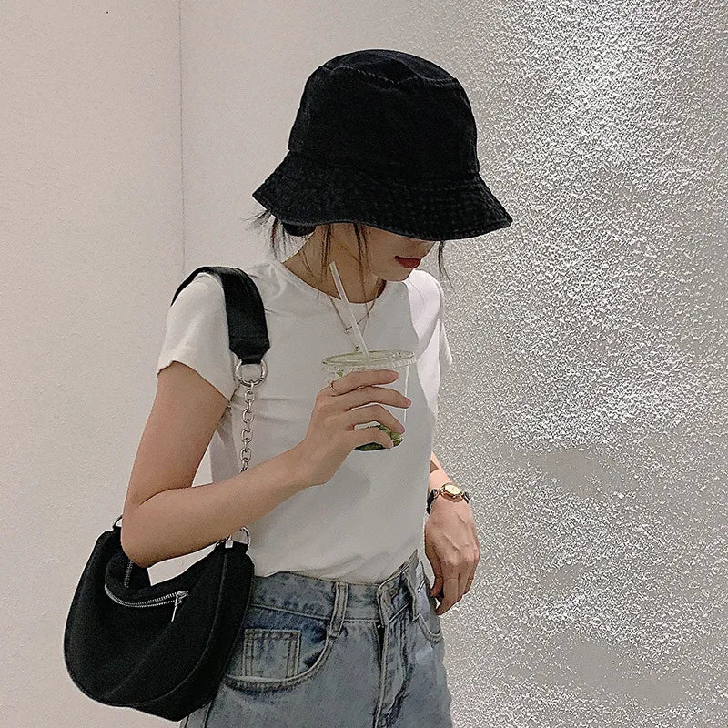 Retro Washed Denim Wide Brim Bucket Hat