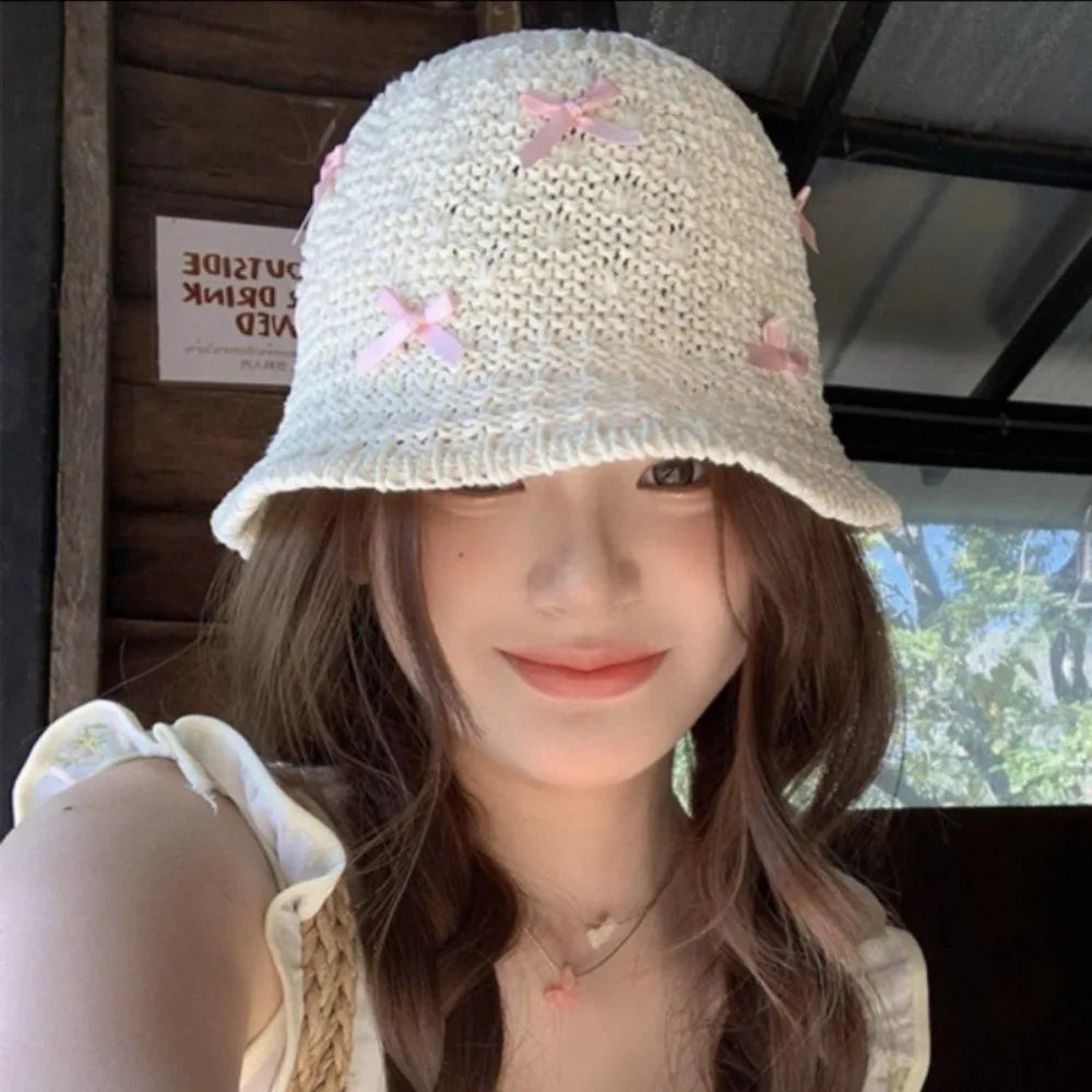 Mini Bow Korean Straw Beach Bucket Hat