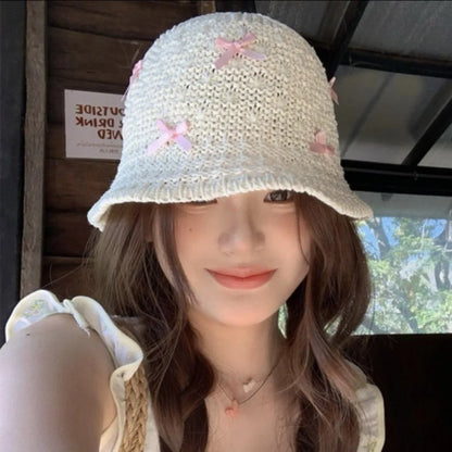 Mini Bow Korean Straw Beach Bucket Hat