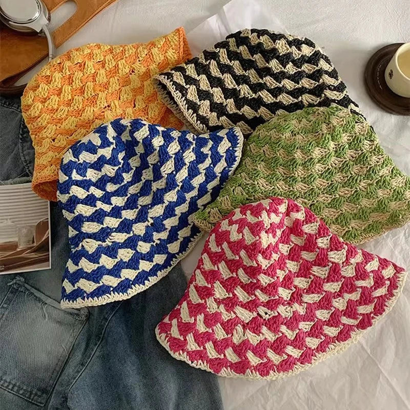 Korean Color Matching Hollow Straw Bucket Hat