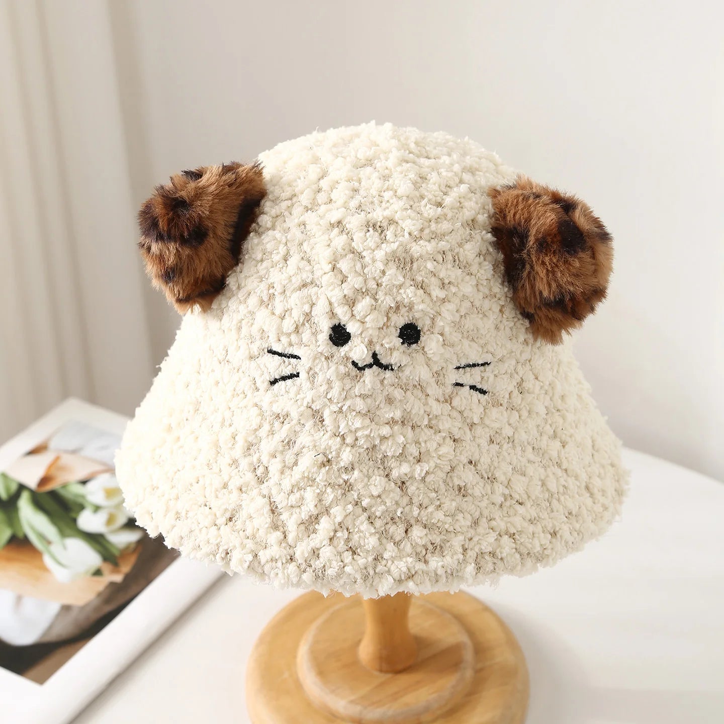 Leopard Cat Ear Bucket Hat Women Winter