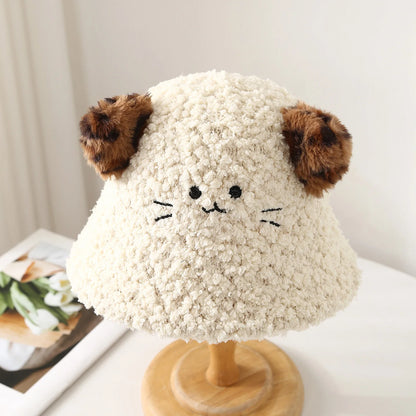 Leopard Cat Ear Bucket Hat Women Winter