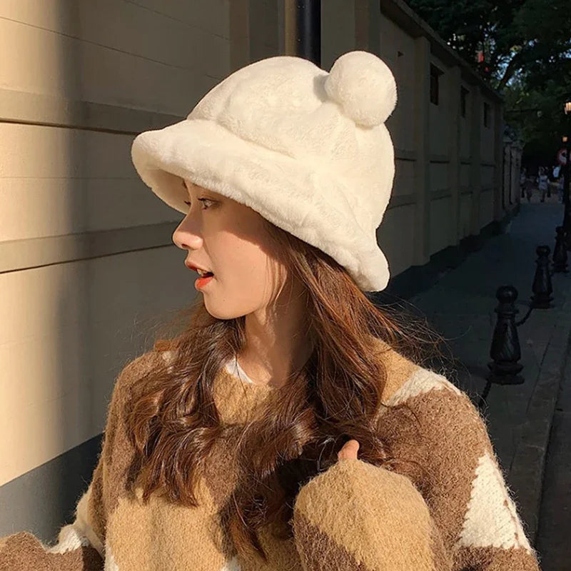 Women's Fluffy Bear Ear Bucket Hat