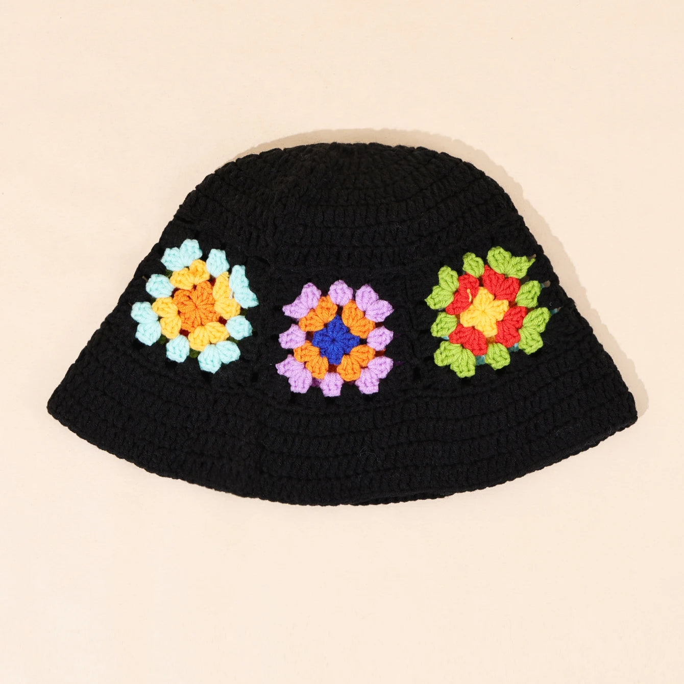 Colorful Floral Patchwork Black Crochet Bucket Hat
