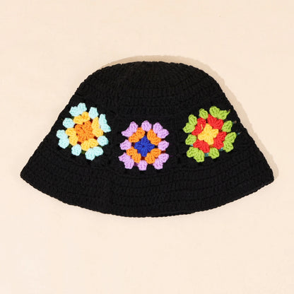 Colorful Floral Patchwork Black Crochet Bucket Hat