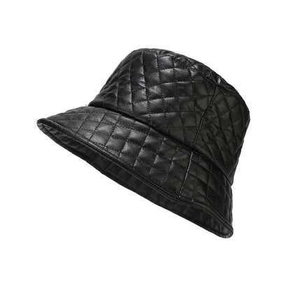 Korean PU Leather Check Winter Bucket Hat