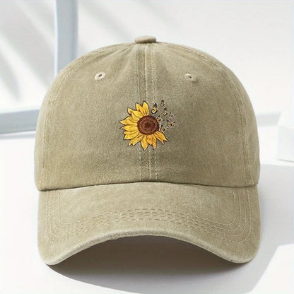 Sunflower Print Retro Washed Baseball Cap