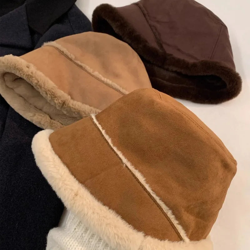 Retro Suede Plush Winter Bucket Hat
