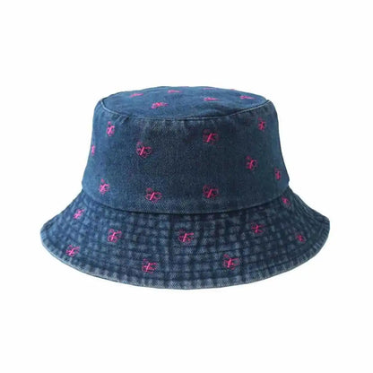 Pink Butterfly Embroidery Washed Denim Summer Bucket Hat