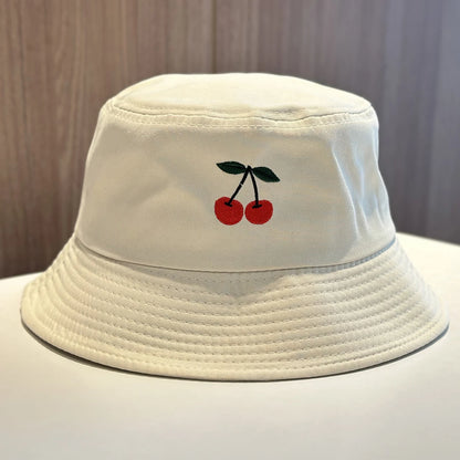 Solid Color Cherry Embroidered Cotton Bucket Hat