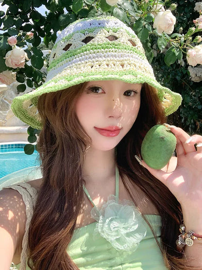 Handmade Rainbow Woven Japanese Straw Bucket Hat