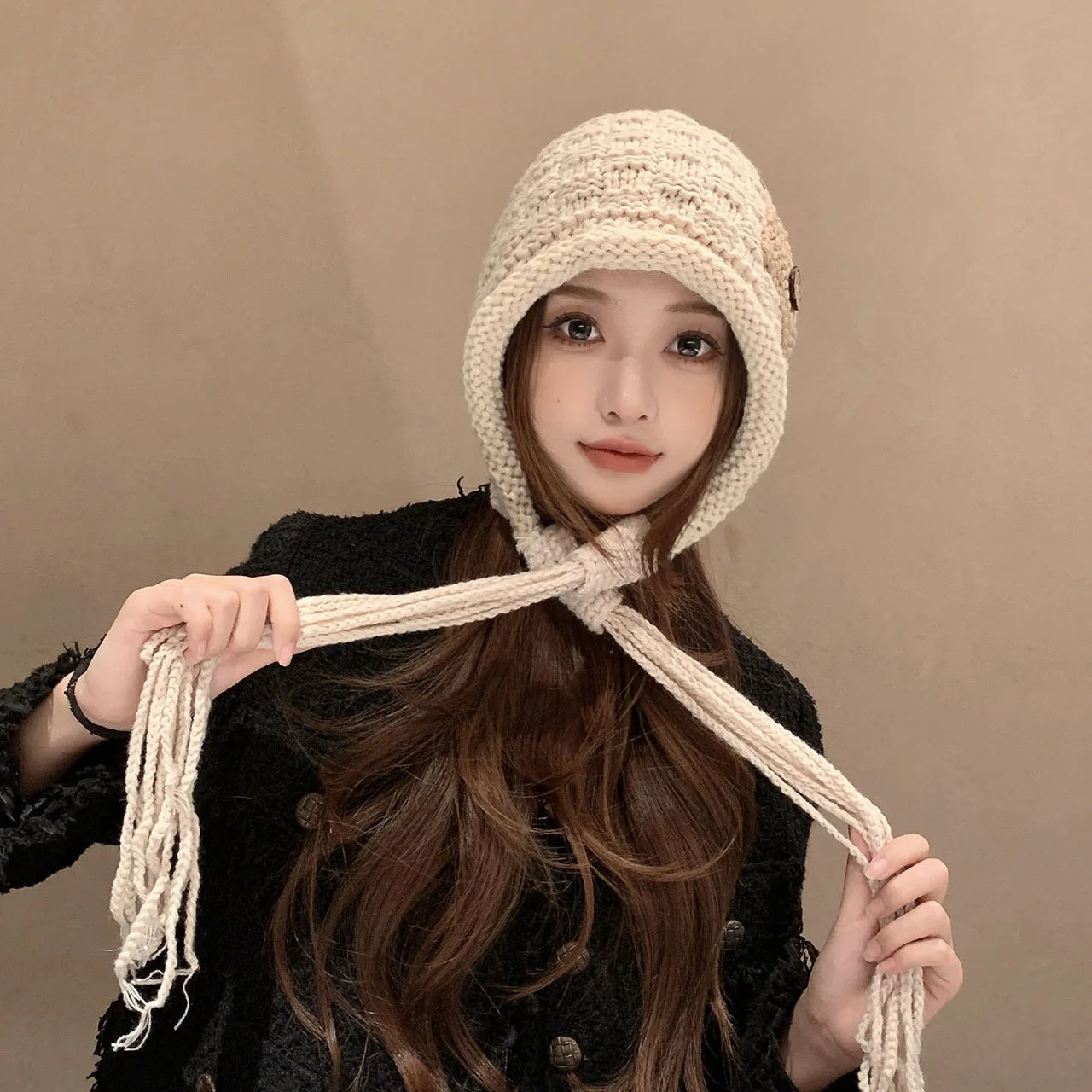 Knitted Wool Tassel Patchwork Winter Bucket Hat