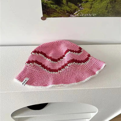 Japanese Korean Striped Colorblock Knitted Bucket Hat