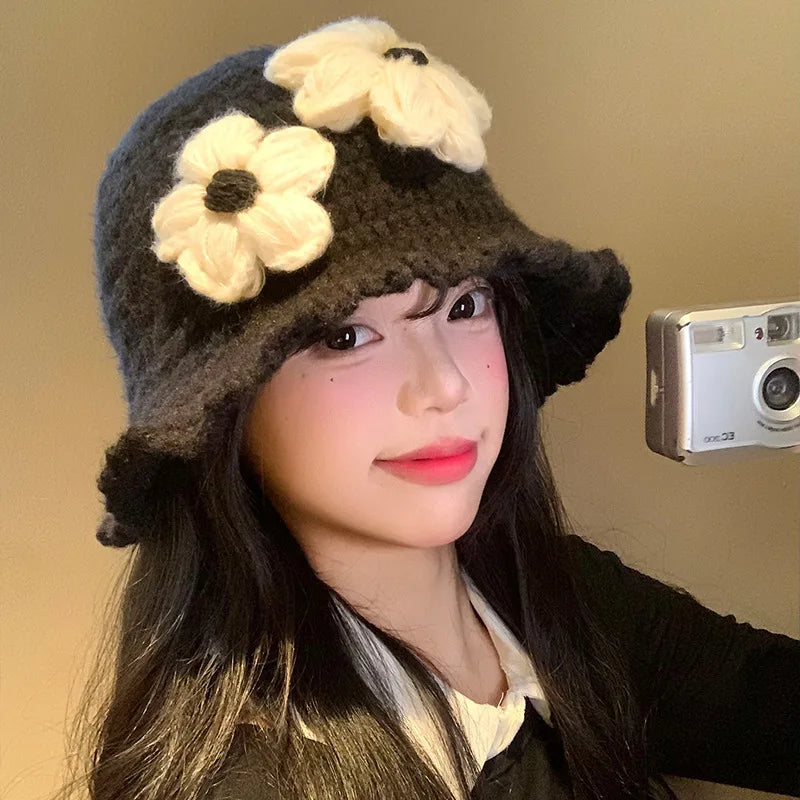 Oversized Floral Knit Korean Bucket Hat