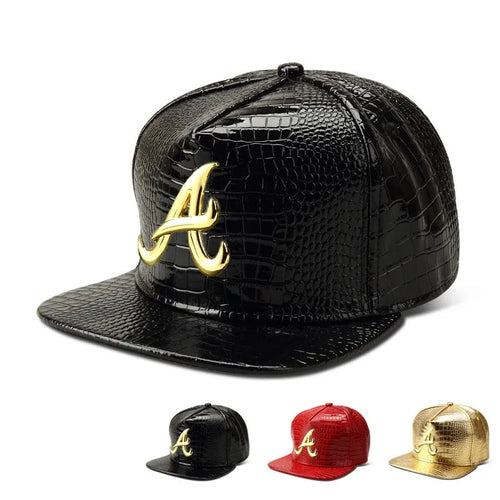 PU Crocodile Skin Letter Embroidered Flat Brim Baseball Hat
