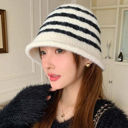 Korean Style Striped Knitted Winter Bucket Hat