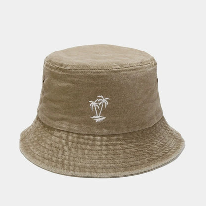 Vintage Washed Palm Tree Embroidery Outdoor Hiking Bucket Hat