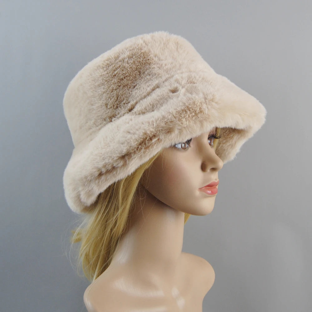 Fake Rabbit Fur Plush Winter Hat for Women