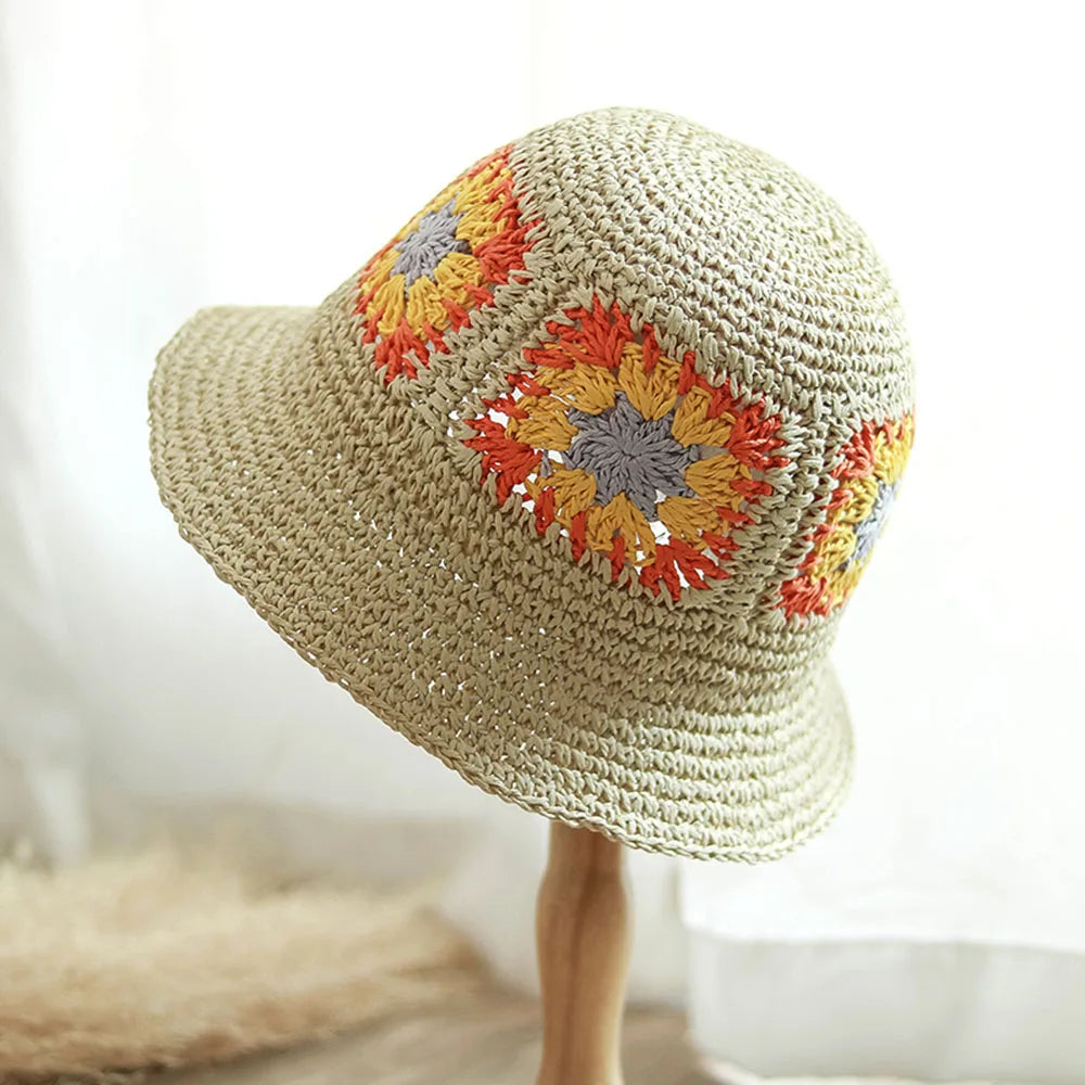Women Crochet Straw Beach Fisherman Bucket Hat