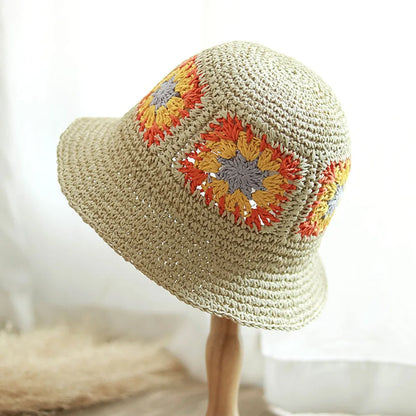 Women Crochet Straw Beach Fisherman Bucket Hat