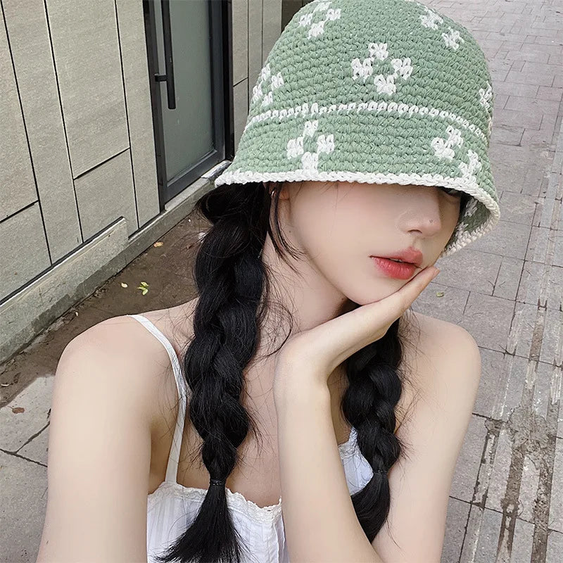 Korean Flower Crochet Handmade Panama Bucket Hat