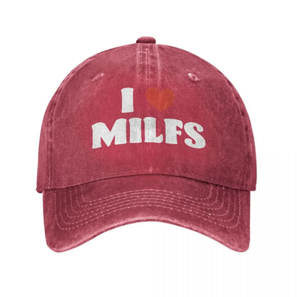 I Love Milfs Distressed Denim Baseball Cap