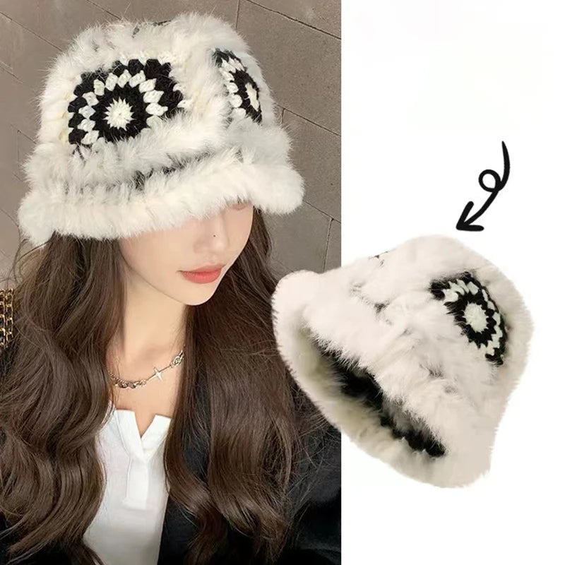 Women Rabbit Fur Crochet Winter Bucket Hat