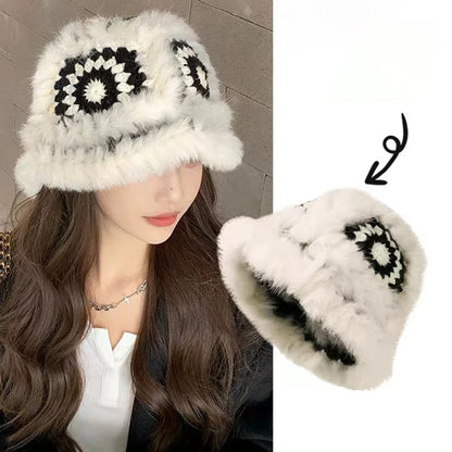 Women Rabbit Fur Crochet Winter Bucket Hat