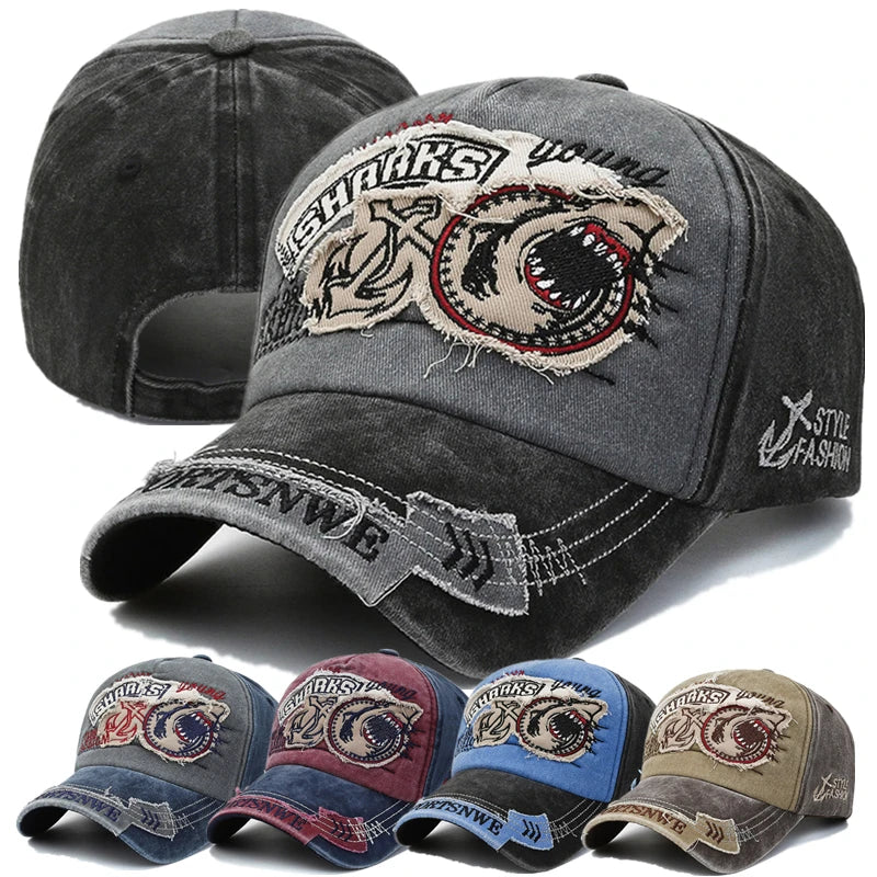 Unisex SHARKS Embroidered Washed Cotton Baseball Cap