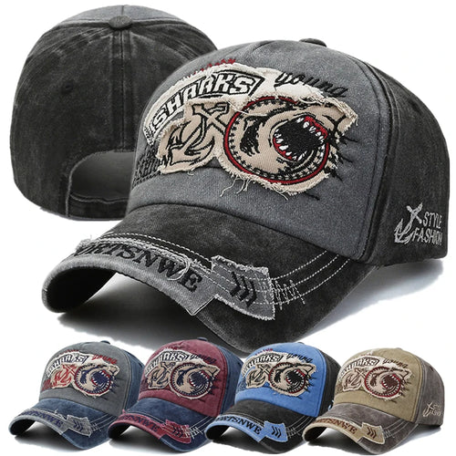 Unisex SHARKS Embroidered Washed Cotton Baseball Cap