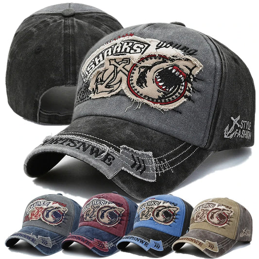 Unisex SHARKS Embroidered Washed Cotton Baseball Cap