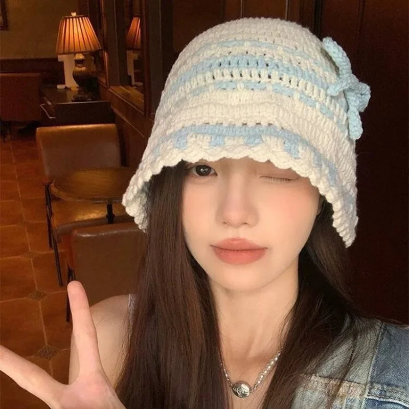 Korean Sweet Bow Hand-woven Knitted Bucket Hat