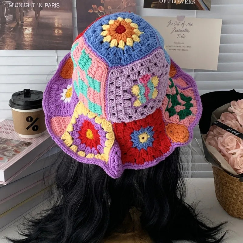Korean Contrasting Flower Handmade Crochet Bucket Hat