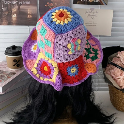 Korean Contrasting Flower Handmade Crochet Bucket Hat