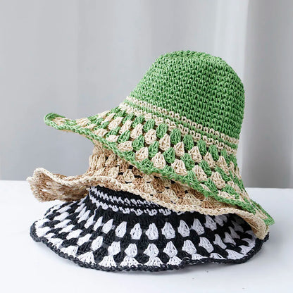 Green Korean Handmade Straw Summer Beach Bucket Hat