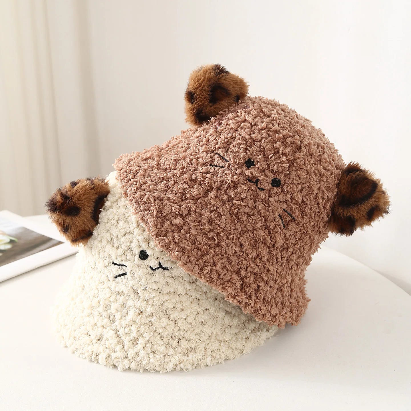Leopard Cat Ear Bucket Hat Women Winter