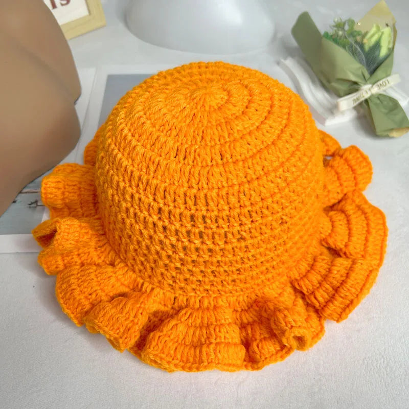 Womens Acrylic Knitted Wide Brim Bucket Hat