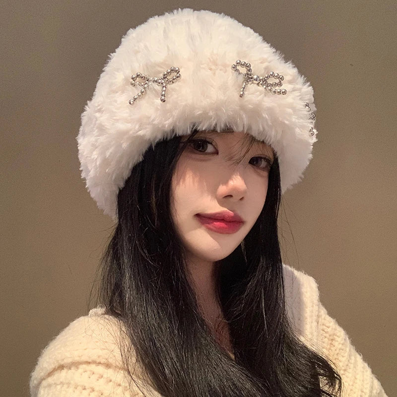 Metal Bow Plush Knitted Fur Bucket Hat