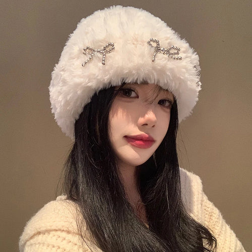 Metal Bow Plush Knitted Fur Bucket Hat