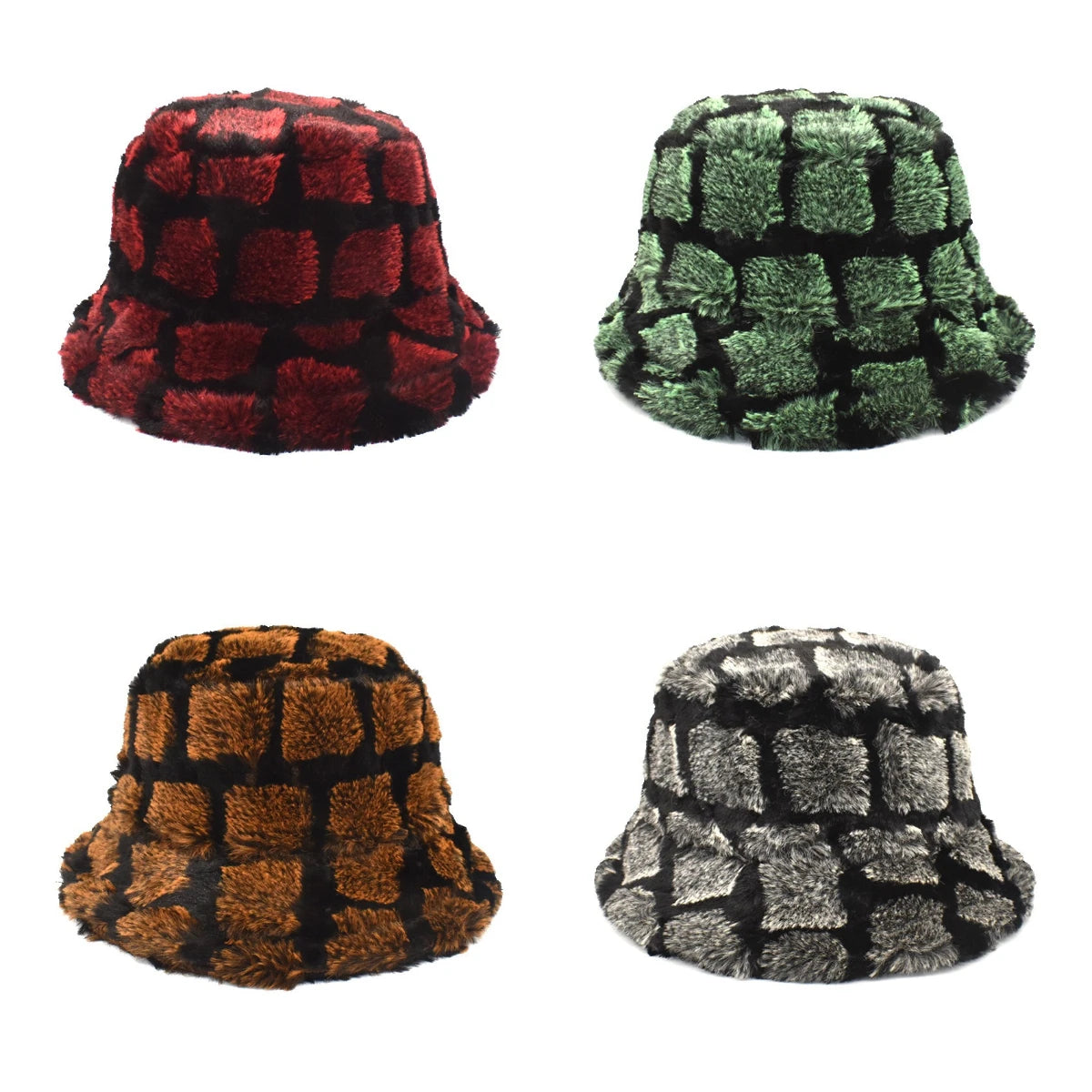 Unisex Plush Checkered Winter Bucket Hat