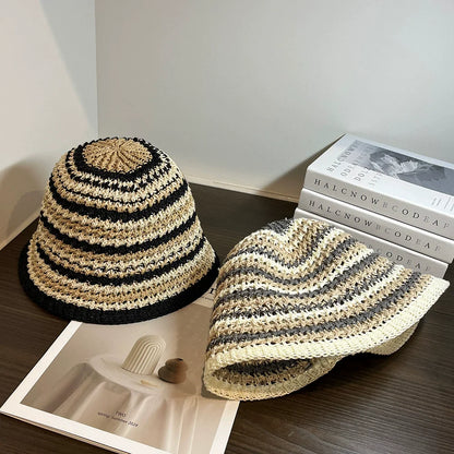 Handmade Stripe Foldable Fashion Straw Bucket Hat