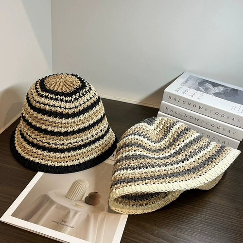 Handmade Stripe Foldable Fashion Straw Bucket Hat