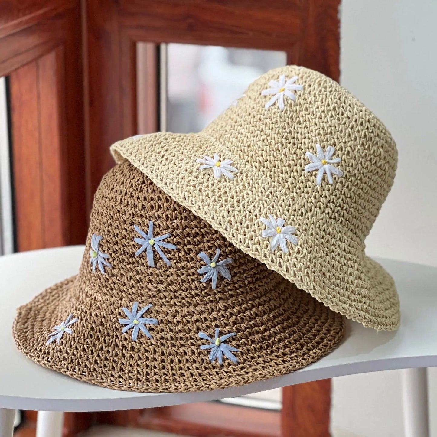 Summer Crochet Straw Flower Embroidered Bucket Hat