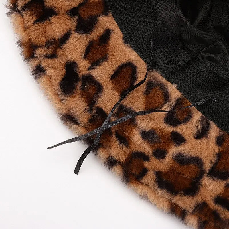 Leopard Print Plush Winter Fisherman Bucket Hat
