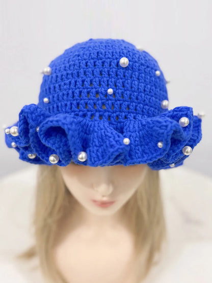 Women’s Pearl Ruffled Crochet Knit Bucket Hat
