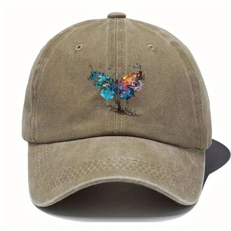 Colorful Watercolor Butterfly Distressed Cotton Baseball Cap
