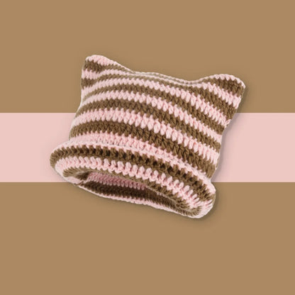 Striped Knit Cat Ears Bucket Hat