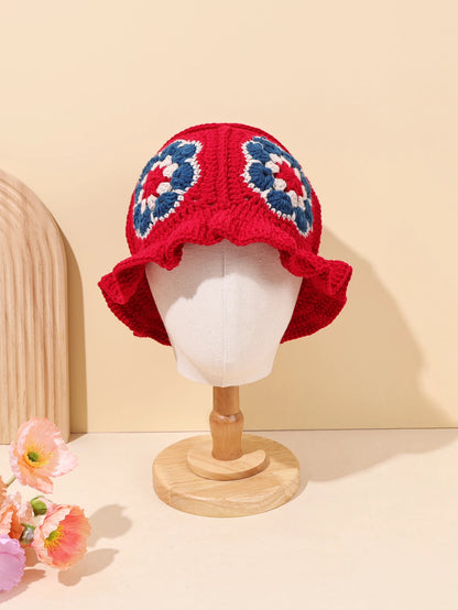 Vintage Red Crochet Floral Winter Bucket Hat