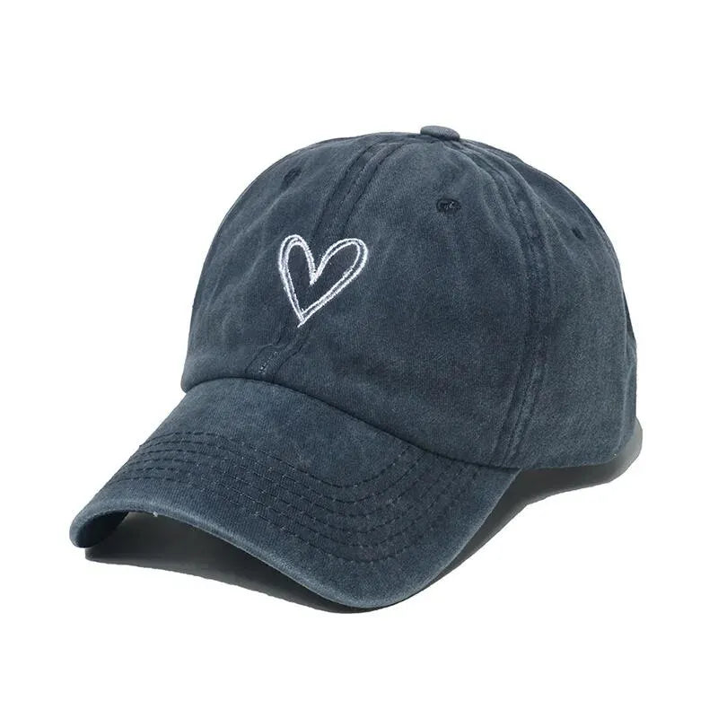 Women's Love Heart Embroidery Washed Cotton Baseball Cap